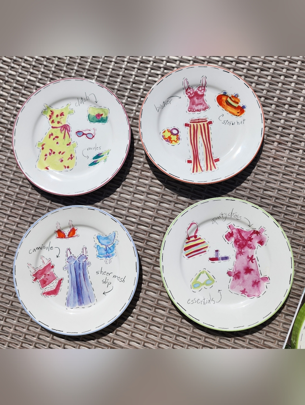 Set of 4 Brunch Plates 8" Paper Dolls Fashion  — Pink, Yellow, Blue, Red